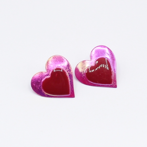 Vintage pink enamel heart earrings - Picture 2 of 4